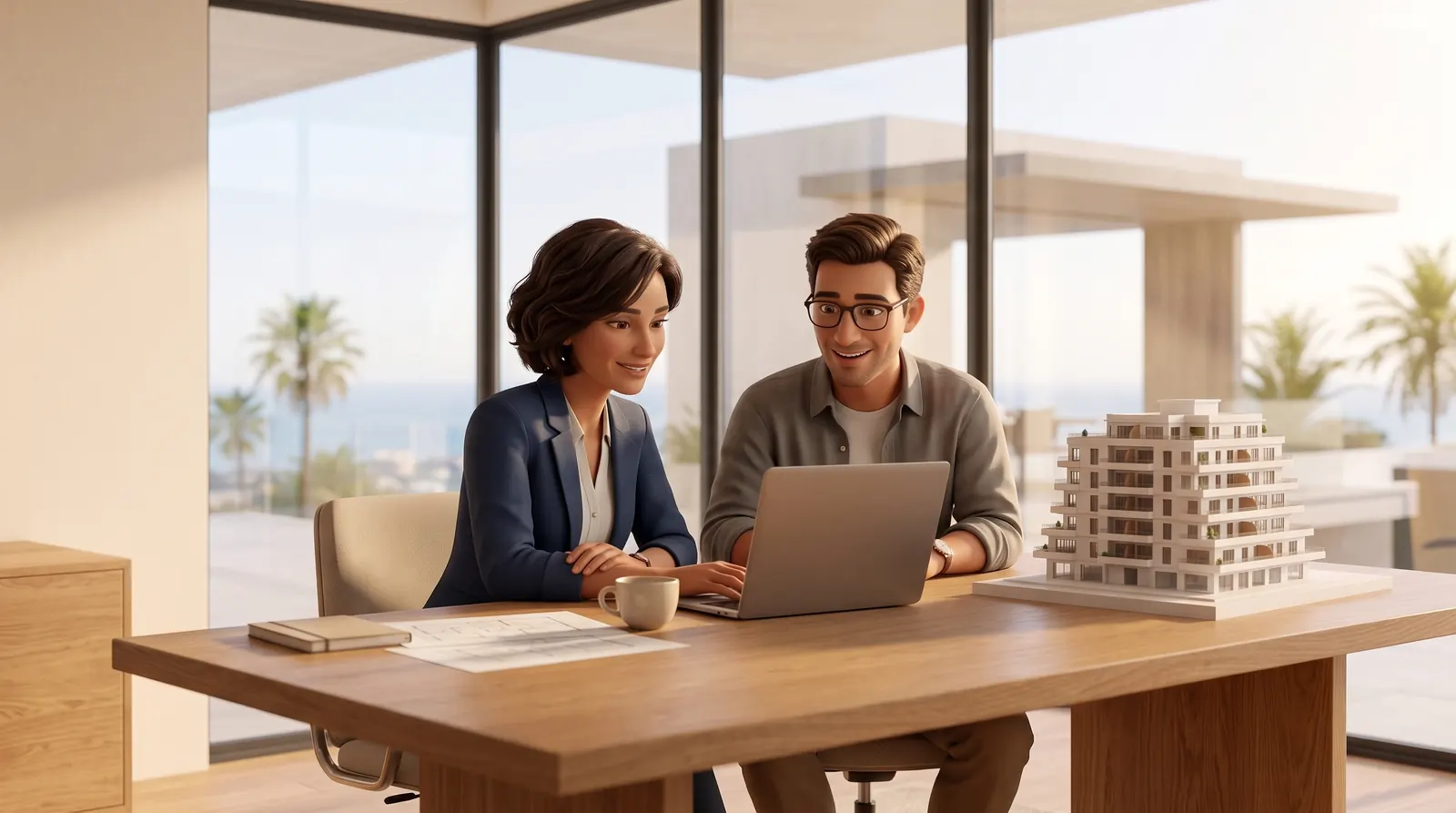 Two sales agents review a contact on a laptop in the sales office, next to the building model