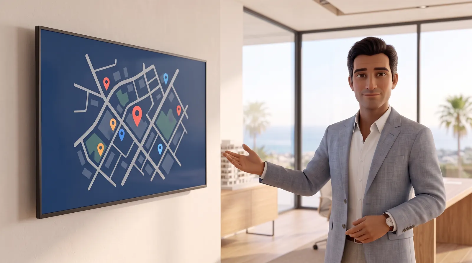 Marco points to a screen with the map of the surroundings