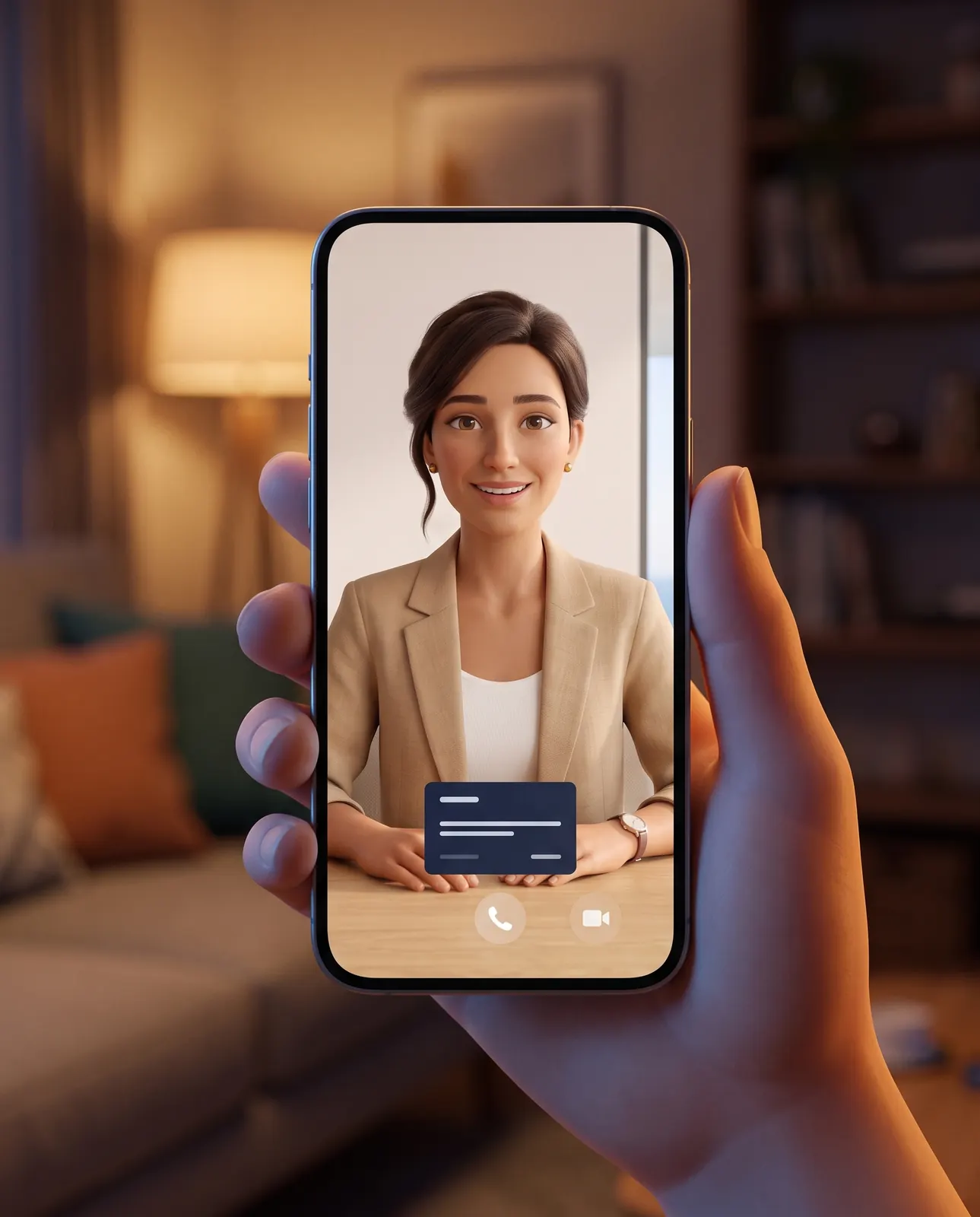 A buyer talks to Vera, the virtual assistant, on his phone, at night, in his living room